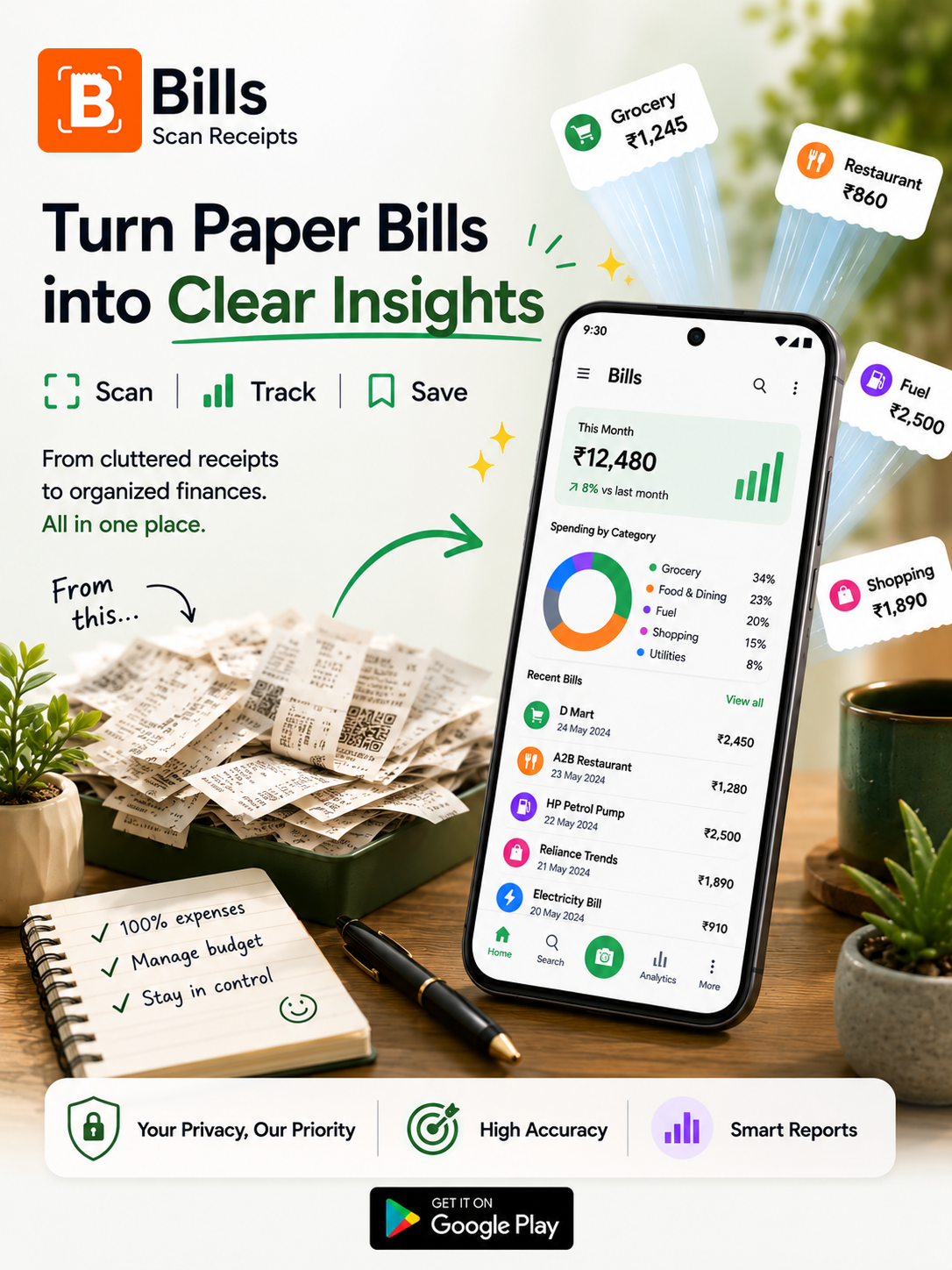 Bills promotional graphic showing paper receipts becoming clear spending insights on a phone.