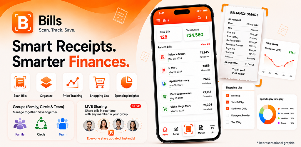 The Bills app showing a list of recent bills alongside a scanned receipt, a price trend and a shopping list.
