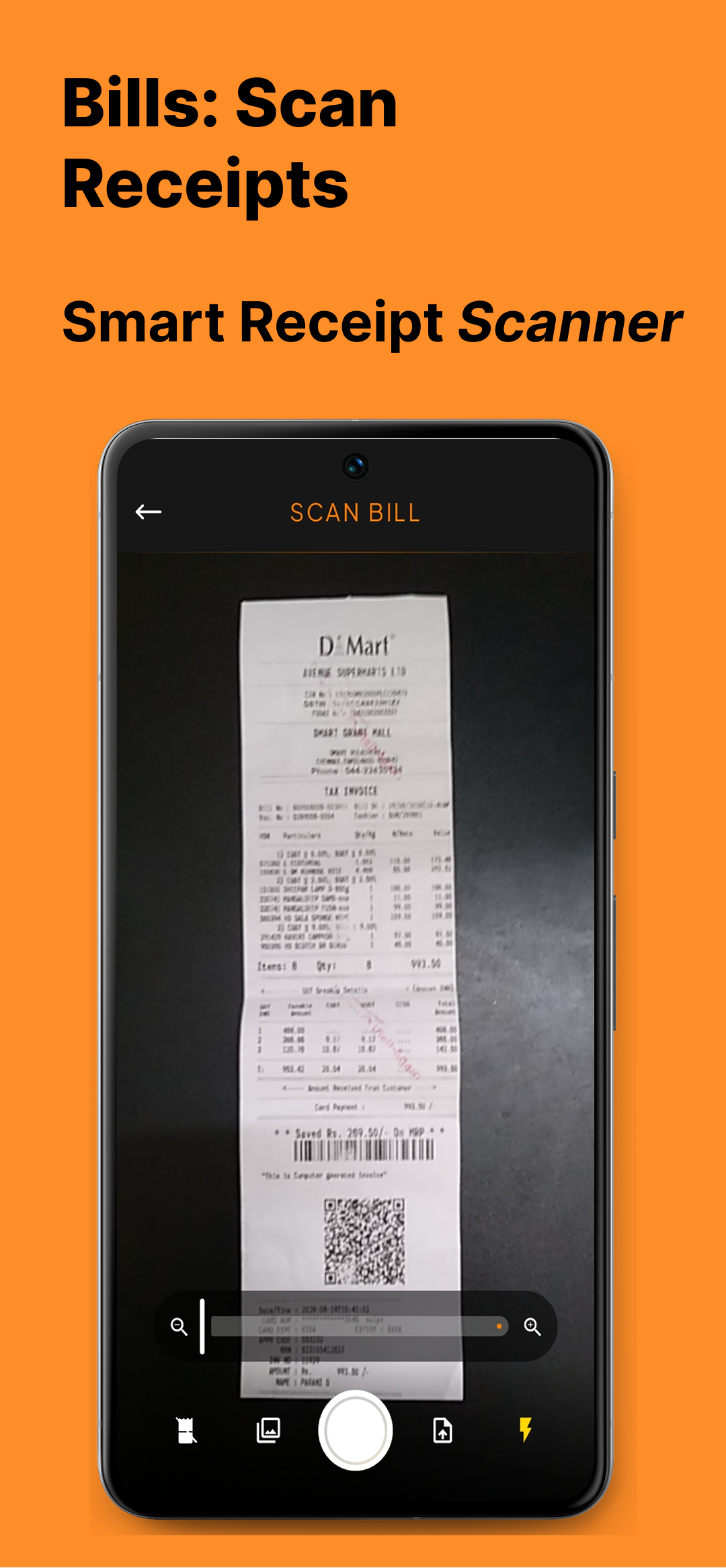 The Bills home screen on first run, listing what the app can do above a button to capture your first bill.