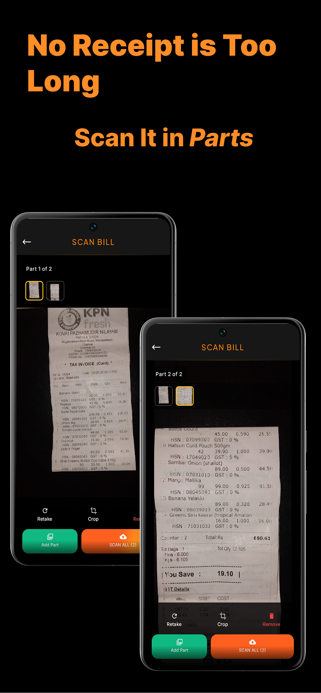 The Bills home screen showing last month's total of ₹8,751 above a list of recent bills from several shops.