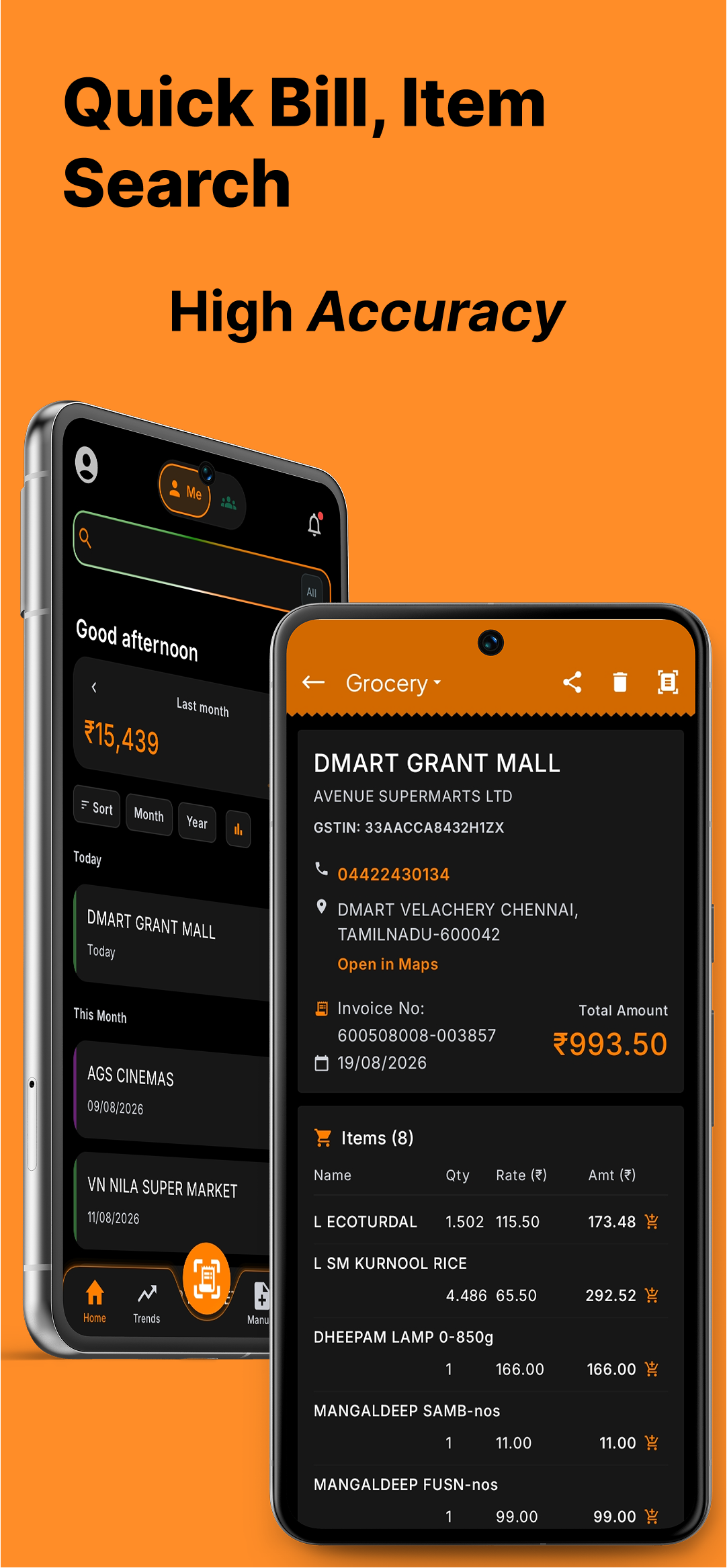 A scanned supermarket bill in Bills listing three items with quantity, rate and amount, plus the amount saved against MRP.