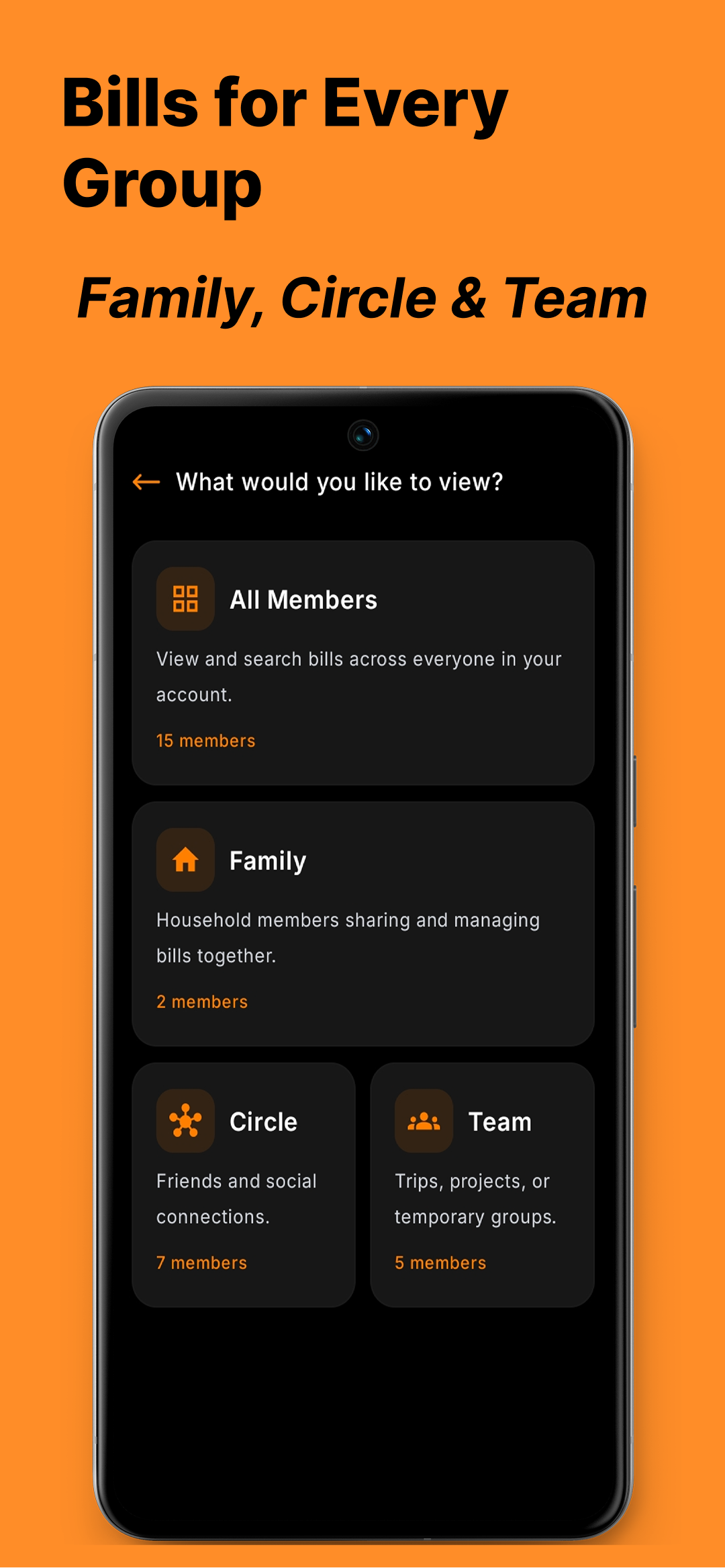 A group picker in Bills offering All Members, Family, Circle and Team, each showing how many members it holds.